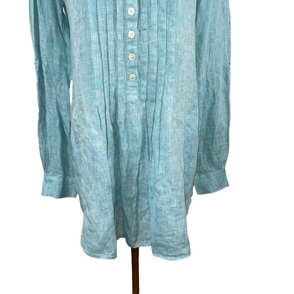 Lafayette 148 Linen Henley Oversized Long Teal White Top Tunic Button Down - Picture 8 of 12